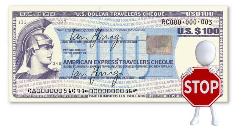 sample travellers cheque with a stop signal