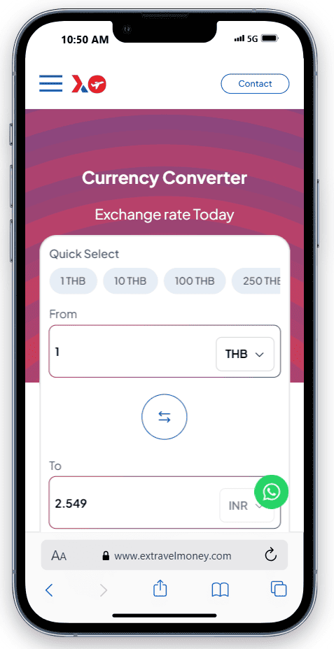 A mobile phone displaying the ExTravelMoney Currency Converter with the exchange rate for Thai Baht (THB) to Indian Rupee (INR) shown as 1 THB = 2.549 INR.