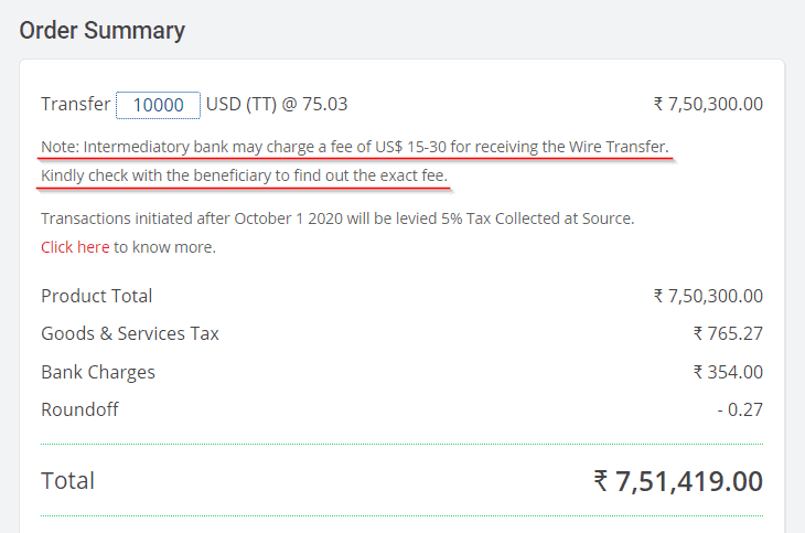 Intermediary Bank Charges Exact Cost Fee