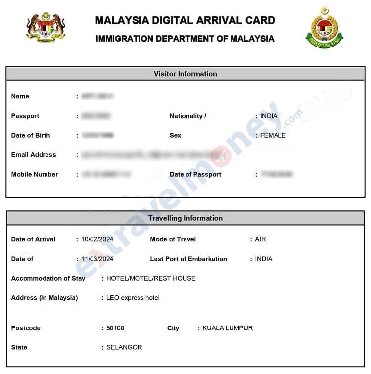 Sample of Malaysia Digital Arrival Card