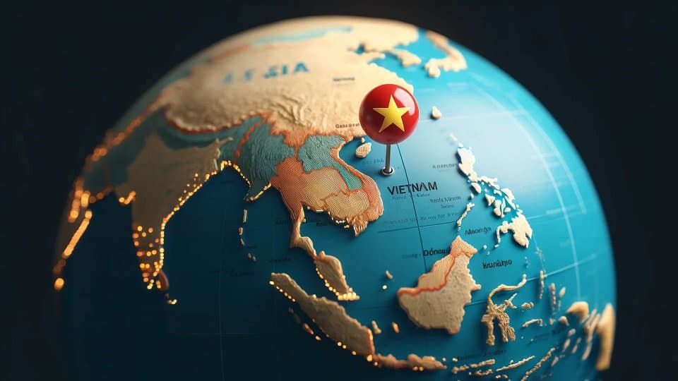 A detailed image of a globe with a pin marking Vietnam on the map