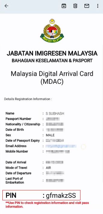 Malaysia Digital Arrival Card Registration Steps - Official mail with PIN