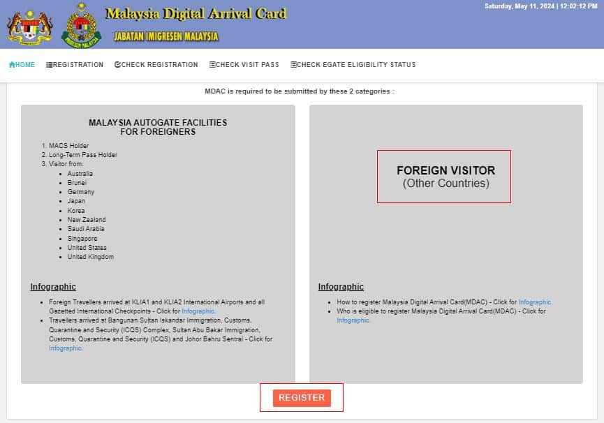 the Malaysia Digital Arrival Card website showing registration options for foreign visitors, including a list of eligible countries and a "REGISTER" button.
