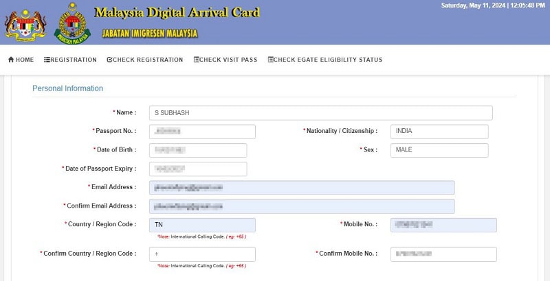 The personal information form on the Malaysia Digital Arrival Card website