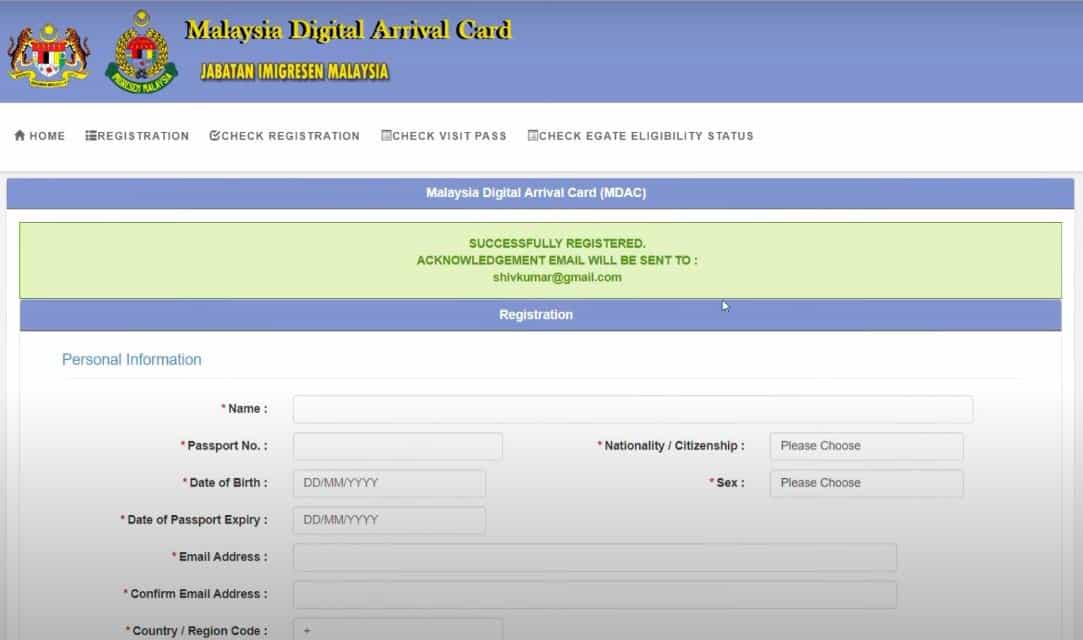Acknowledgement of successful registration in MDAC registration website.