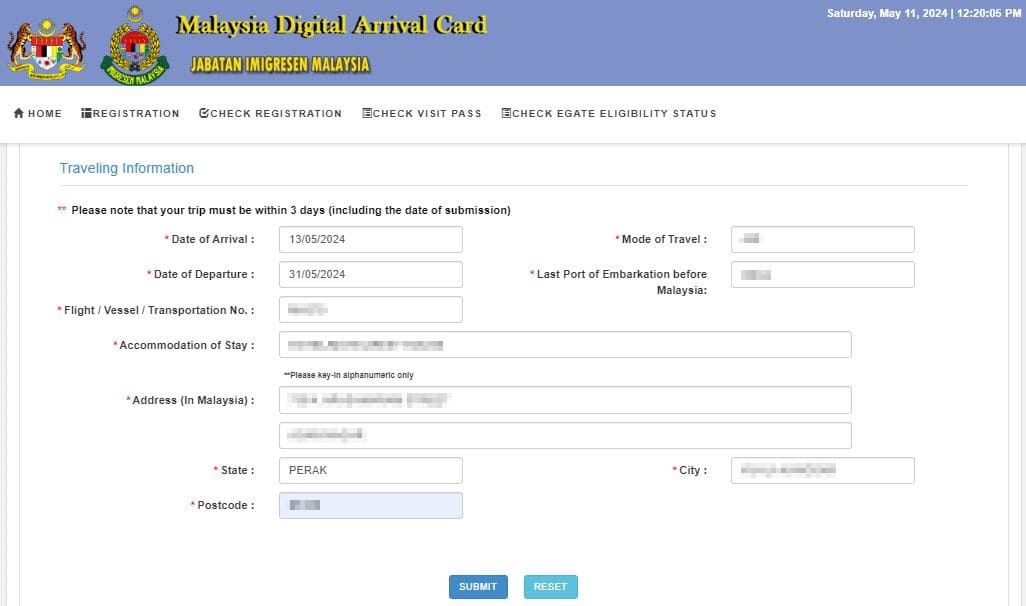 The travel information form on the Malaysia Digital Arrival Card website