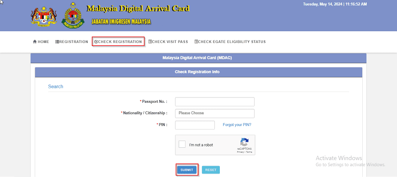 Webpage to check the registration of Malaysian Digital Arrival Card