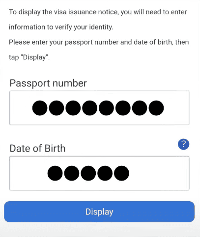 Japan e-visa website with fields to enter passport number and DOB
