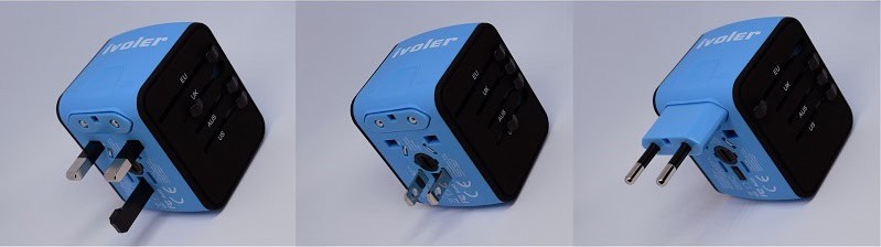 A set of three images displaying a blue universal travel adapter, showing various plug options including US, UK, and EU standards, and multiple USB ports for versatile gadget charging.