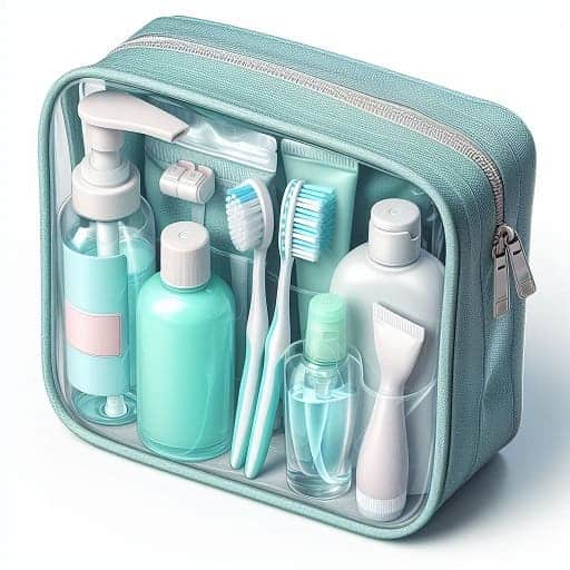 Travel toiletry bag fully packed with toiletries including toothbrushes, toothpaste, facial cleanser, and skincare bottles, neatly organized and visible through a transparent front.
