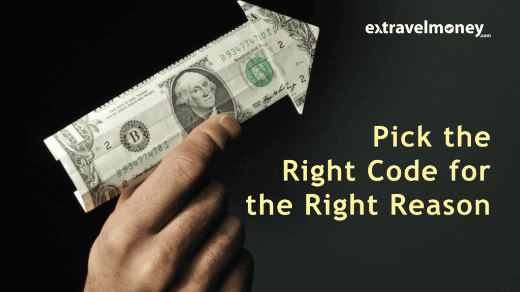 Hand holding a folded U.S. dollar bill shaped like an arrow, representing international money transfer, with the text 'Pick the Right Code for the Right Reason'