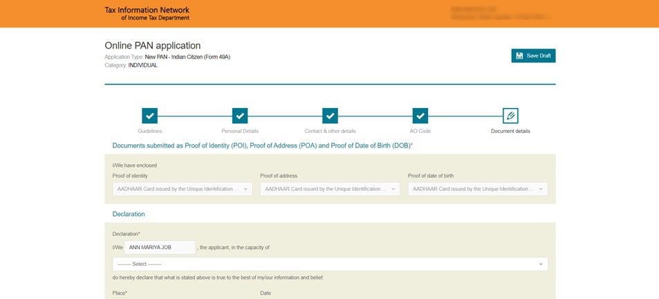 Protean website showing the 'Document Details' step of the online PAN application process. The user is prompted to submit documents as Proof of Identity (POI), Proof of Address (POA), and Proof of Date of Birth (DOB), with dropdown menus for each document type. Below this, there is a 'Declaration' section where the applicant's name, capacity, place, and date need to be filled in, affirming the accuracy of the provided information.