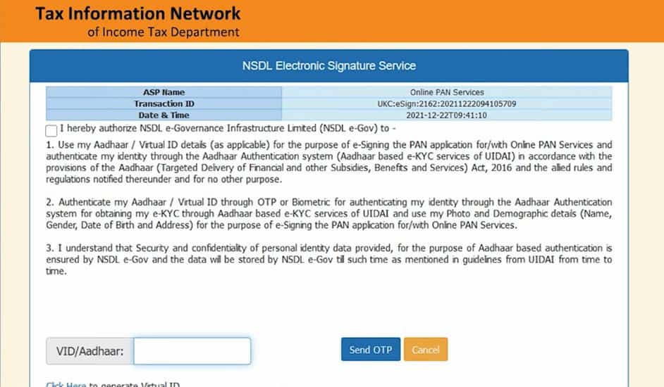 Authorization form where the applicant authorizes NSDL e-Governance Infrastructure Limited to use their Aadhaar or Virtual ID details for e-signing the PAN application. The form includes fields for the applicant to enter their VID/Aadhaar number and a 'Send OTP' button for authentication.