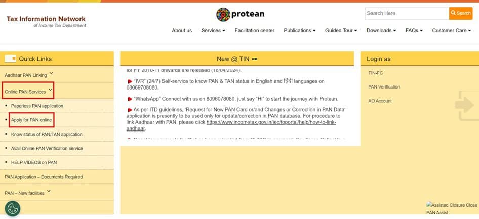 Protean website showing the Tax Information Network of the Income Tax Department. The page highlights online PAN services with a left sidebar containing 'Apply for PAN online' and 'Apply for PAN online,' marked in red boxes.