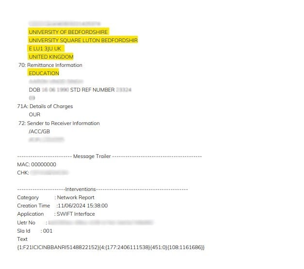 Swift message indicating the information on beneficiary university details and other remittance information
