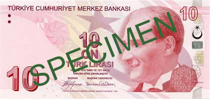 The front side of Turkish Lira of denomination 10 featuring a portrait of Mustafa Kemal Atatürk, the founder of modern Turkey.