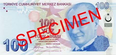 The front side of Turkish Lira of denomination 100 featuring a portrait of Mustafa Kemal Atatürk, the founder of modern Turkey.