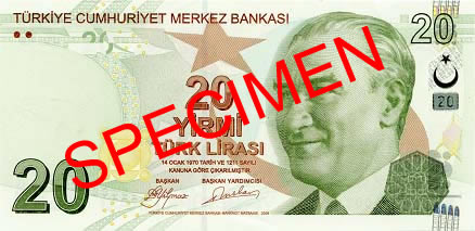 The front side of Turkish Lira of denomination 20 featuring a portrait of Mustafa Kemal Atatürk, the founder of modern Turkey.