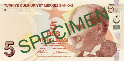The front side of Turkish Lira of denomination 5 featuring a portrait of Mustafa Kemal Atatürk, the founder of modern Turkey.