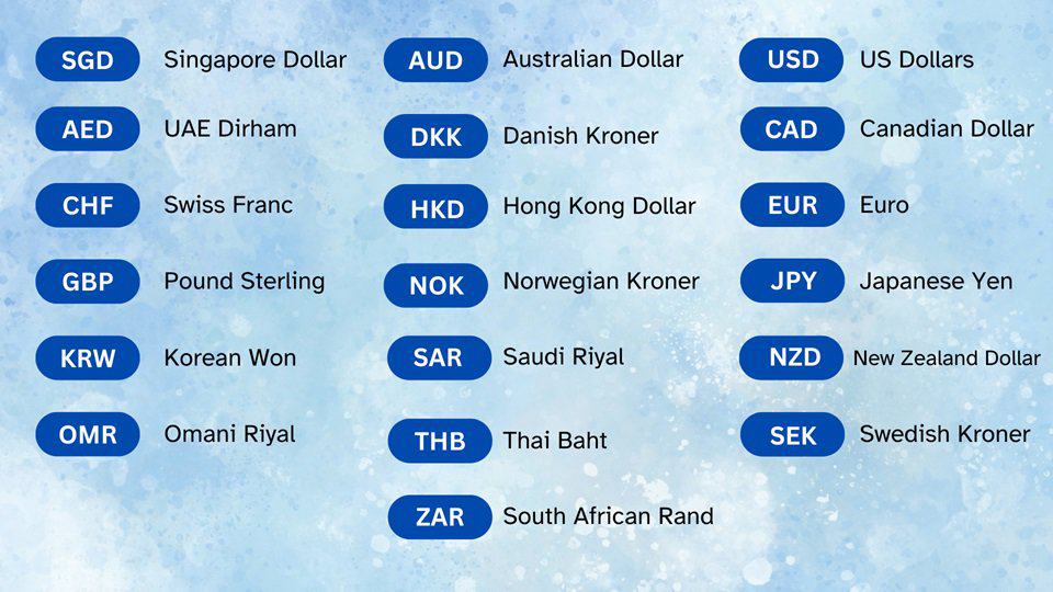 The diverse range of currencies available for foreign outward remittance through HDFC Bank India. This comprehensive list includes major global currencies.