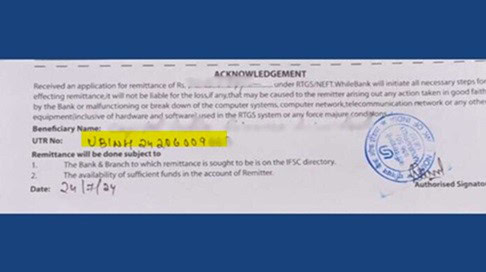 An acknowledgment receipt for a remittance application, showing the UTR number, the date 24/07/24, and other transaction details. The document includes an authorized signature and a bank stamp.