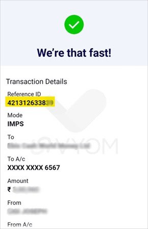 successful transaction confirmation screen showing the reference ID, the transaction mode as IMPS, the recipient's masked account number, and a green checkmark indicating the transaction's completion.