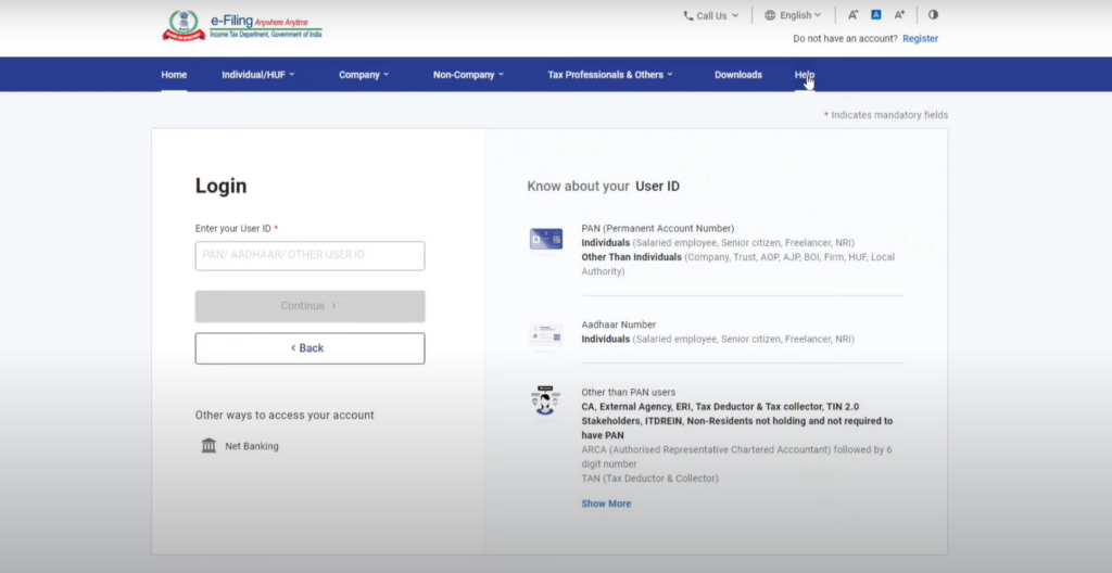 login page of 'Income tax e-filing' website
