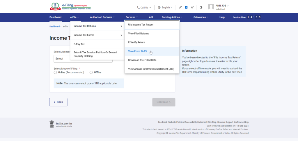 The 'View Form 26AS’ option is selected