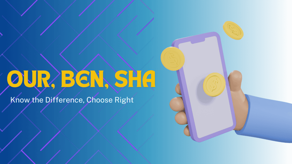 This image features the text "OUR, BEN, SHA: Know the Difference, Choose Right" in bold yellow and white letters. On the right side, a 3D-rendered hand holds a purple smartphone with coins bearing dollar symbols floating around it.