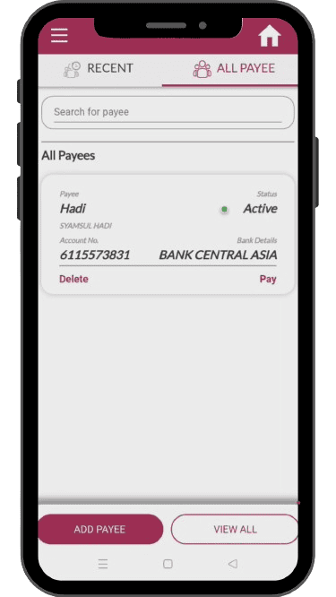 the 'Active' indication shown next to the beneficiary name with the ‘Pay’ button beside it