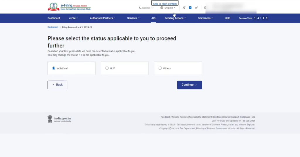 selection page for filing status