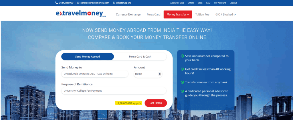 Order placement page of ExTravelMoney that highlights the amount to be sent as per their UAE Dirham exchange rate.