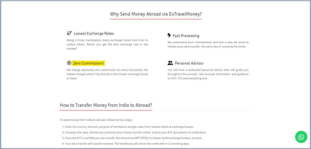 ExTravelMoney's page highlighting the point that they charge zero commission.