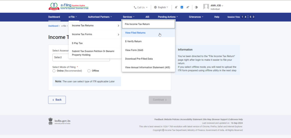Selection of 'View Filed Returns' option