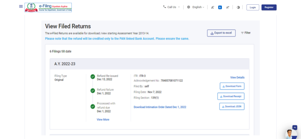 'View Filed Returns' page