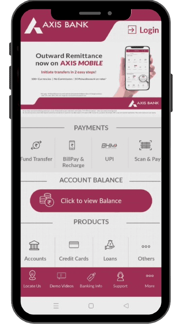 Axis Bank mobile app homepage with 'Login' button.