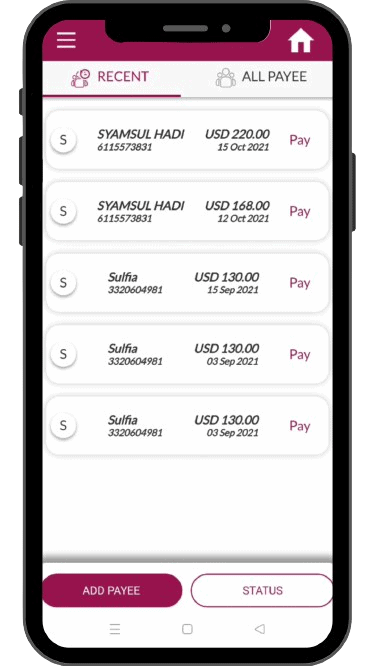 'Recent' page where you can select an existing payee for payment.