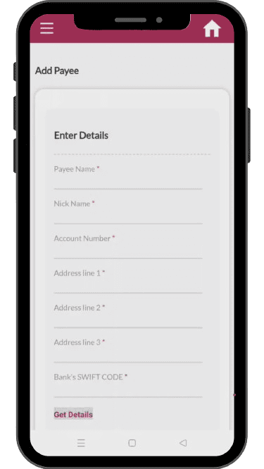 'Add payee' page to enter the details and add a new payee.