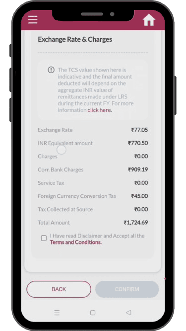 Payment preview with a check box to accept the terms and conditions. 'Confirn' button below.