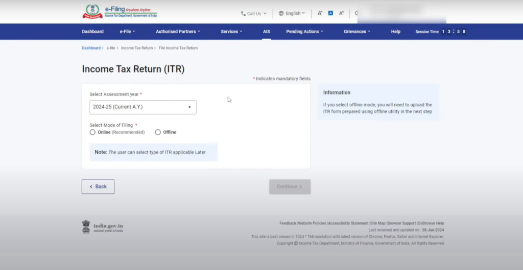 Selection page for assessment year and mode of filing