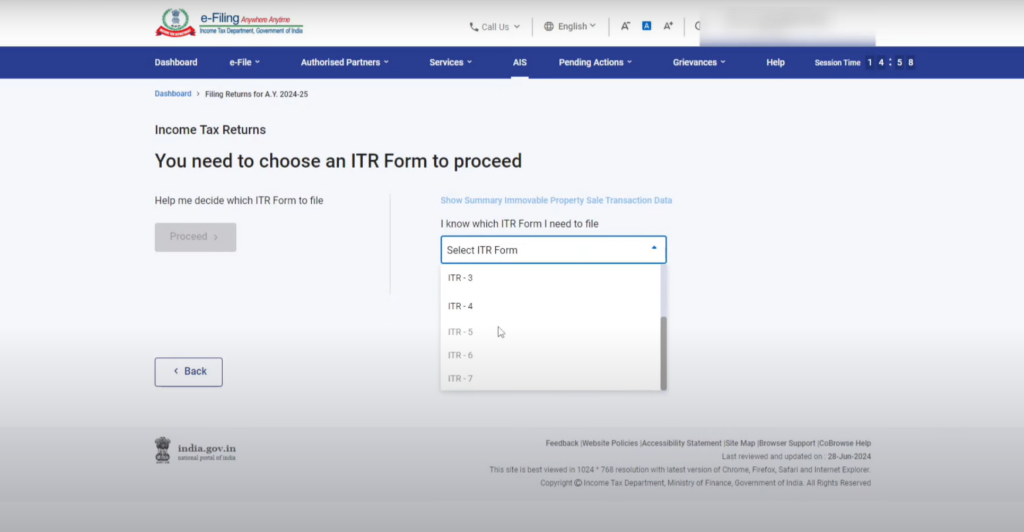Page for selecting appropriate ITR form