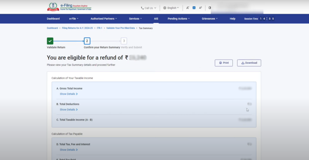 Income Tax Return summary, which includes TCS refund or deduction details