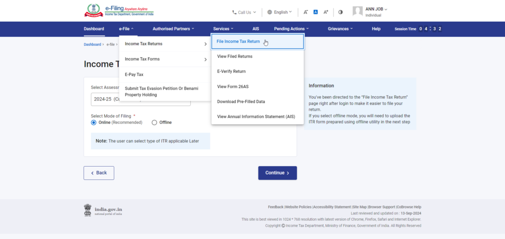 'File Income Tax Return' option is selected