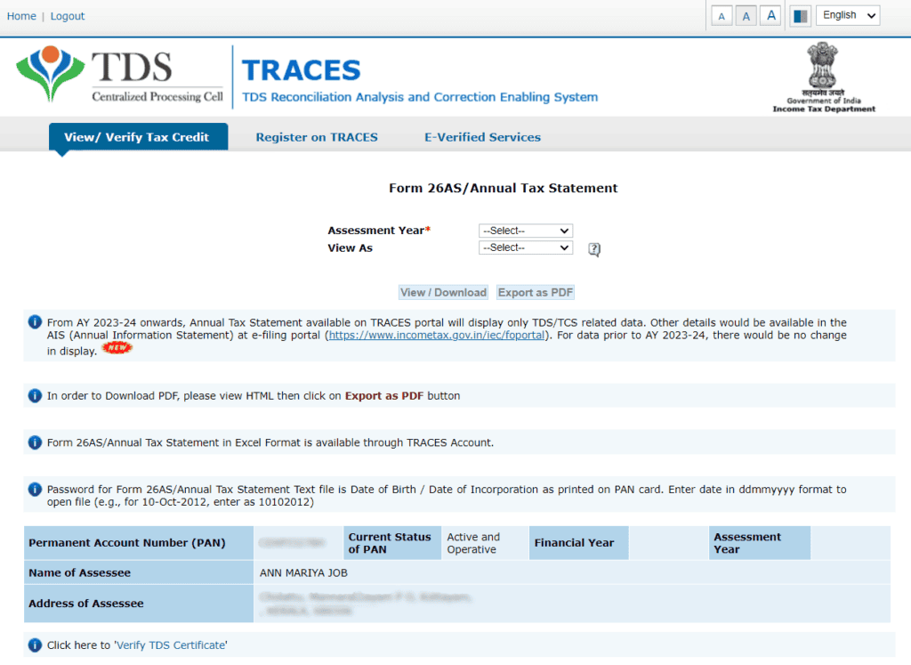 ‘View Form 26AS’ page of the redirected TRACES website