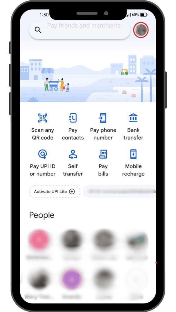 GPay app home screen, with profile picture on the top-right corner.