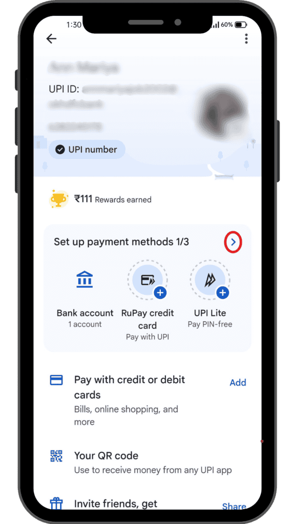 an arrow near the ‘Set up payment methods 1/3’ section.