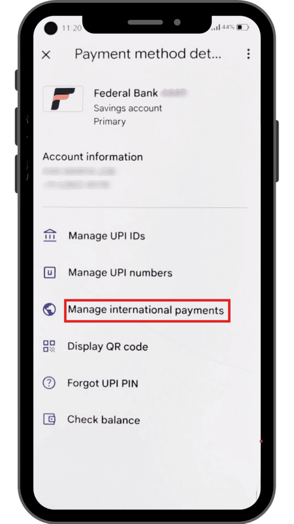 ‘Manage international payments’ option under the ‘payment method details’ page.
