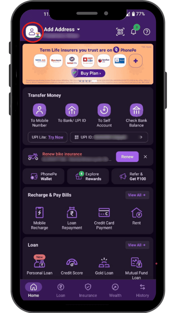 PhonePe app home screen, with profile picture on the top-left corner.