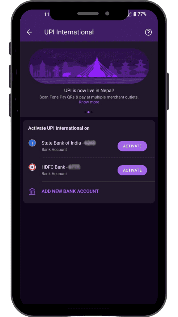 ‘UPI international’ page with a button for enabling suitable bank account.