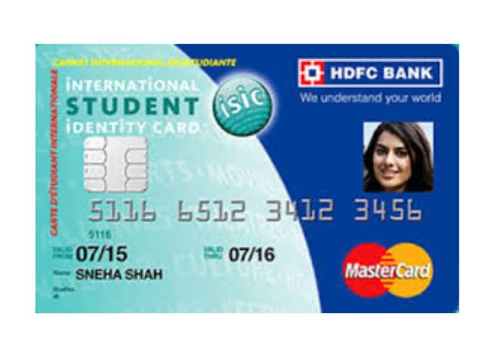 International Student Identity Card (ISIC) by HDFC Bank with MasterCard logo, featuring a student photo, name, and card details.
